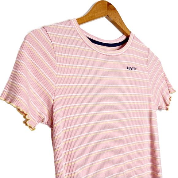 Levi's Pink White Yellow Stripe Ribbed Lettuce Trim T Shirt Top Juniors - Picture 5 of 16